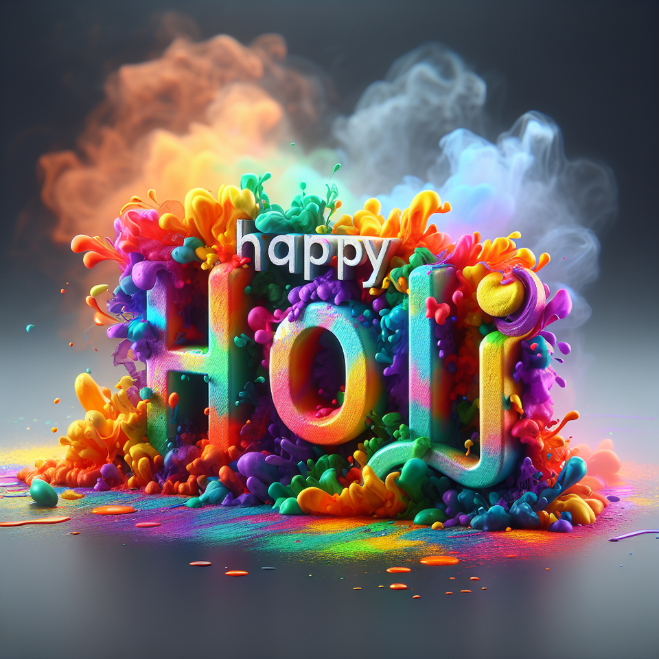 Text HAPPY HOLI colorful splash 3d text and smoky transparent background, Realistic detailed view. text effect image