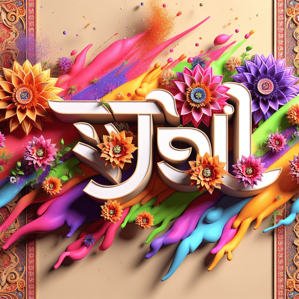Name  વંદના  written on the background, small colorful touches of 3D paint and with colorful flowers and pink, 3d render text effect image