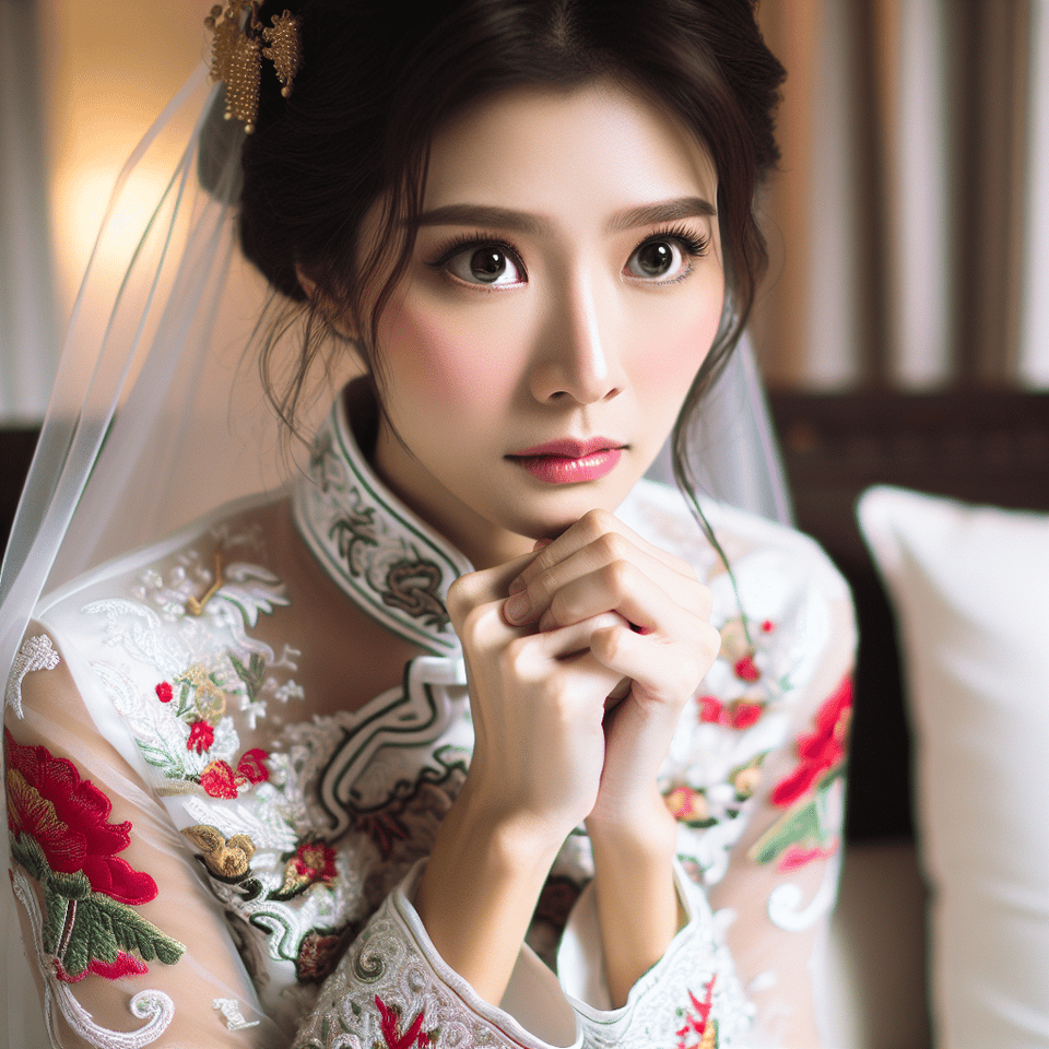 穿著傳統中式刺繡裙褂,正等待進行出嫁儀式的新娘。 text effect image