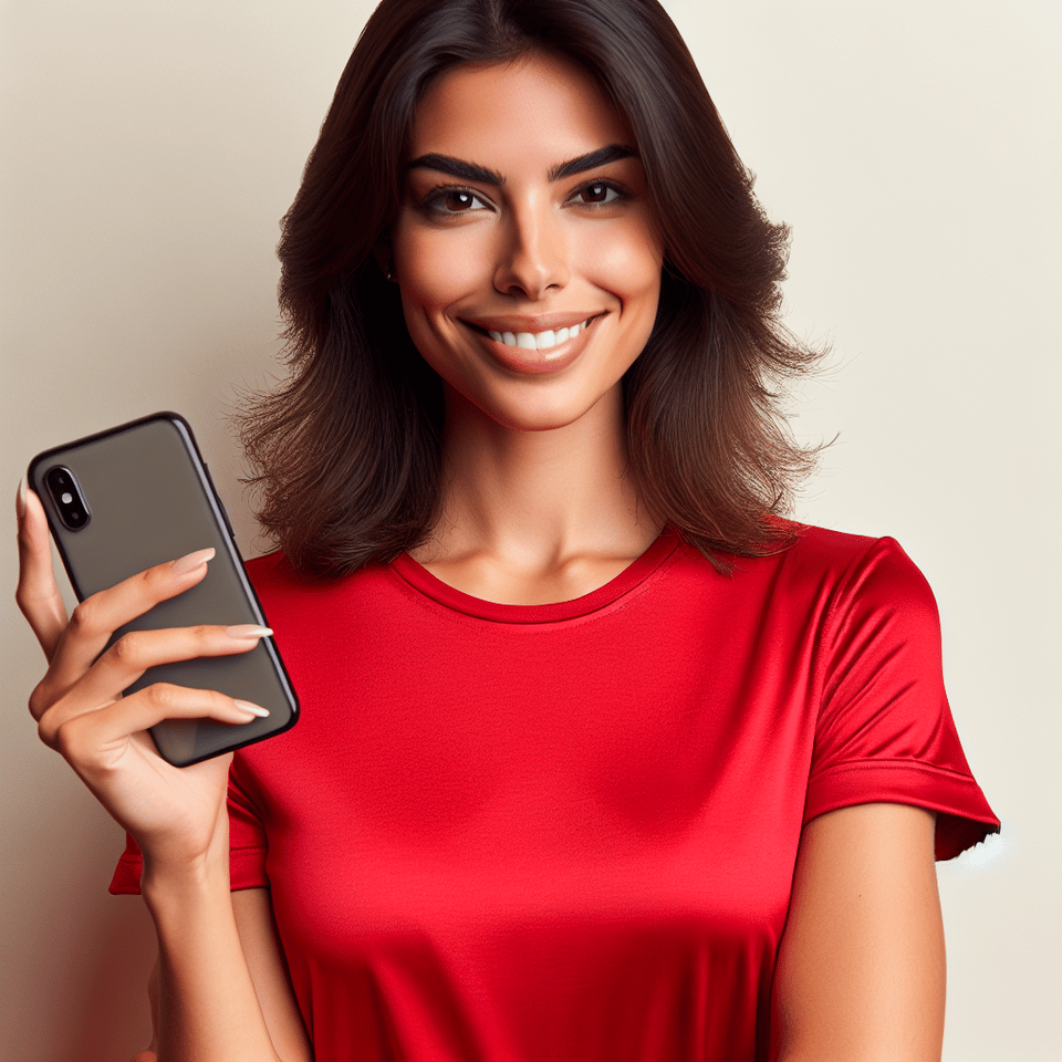 A business woman wearing red t-shirt, holding phone while smiling., photo text effect image