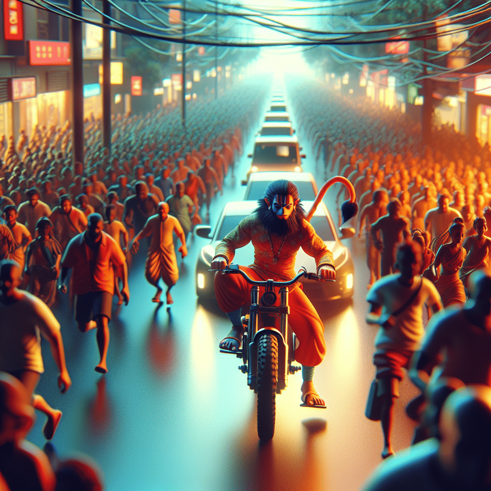 Hanuman in bike croud , cinematic, illustration, 3d render, photo text effect image