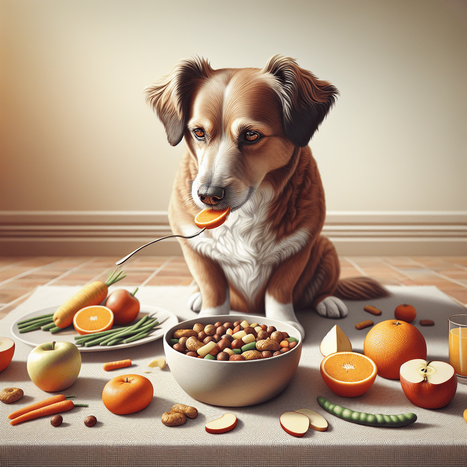 dog eating healthy snacks, photo, illustration text effect image