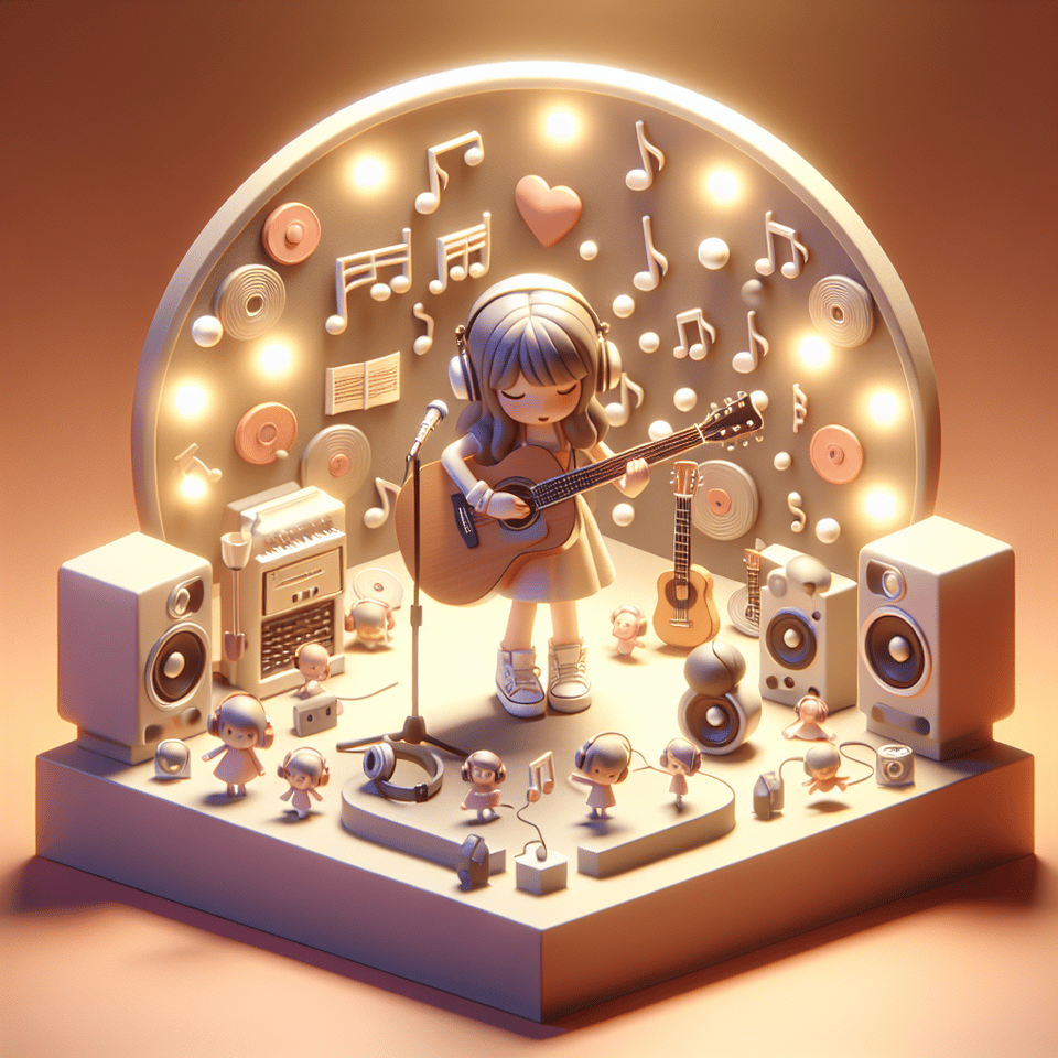 I want a giutarist girl in the middle and a cute things about music oare around her and some lights on them, illustration, 3d render text effect image
