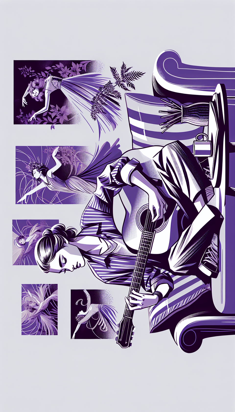 A beautiful girl in the middle of the frame who is playing the guitar and sitting on the sofa and behind her there are paintings of female dancers on the wall and it is mixed with the tonality of purple color., illustration text effect image