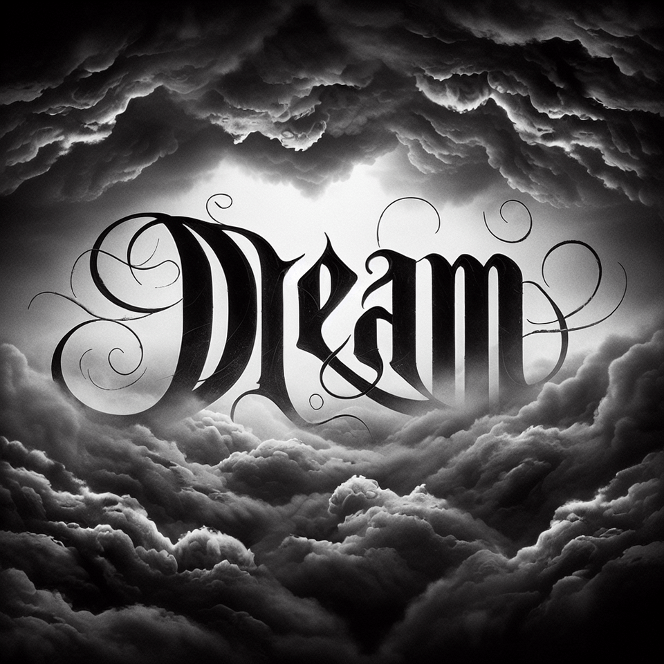 dream written in dreamy fonts but it should look eerie with cloud backgrouns text effect image