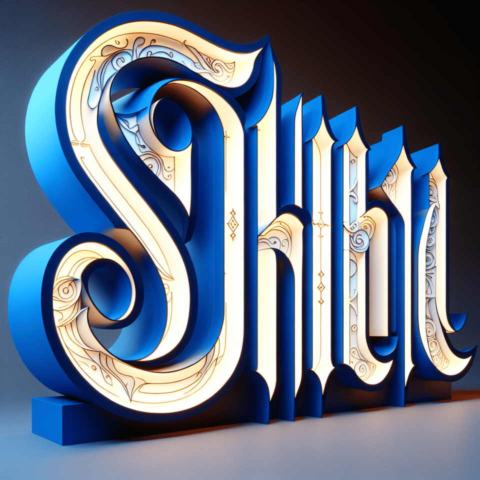 3D rendering of Shalina text with huge bright font in cobalt blue and white with etched gold lines on each letter. text effect image