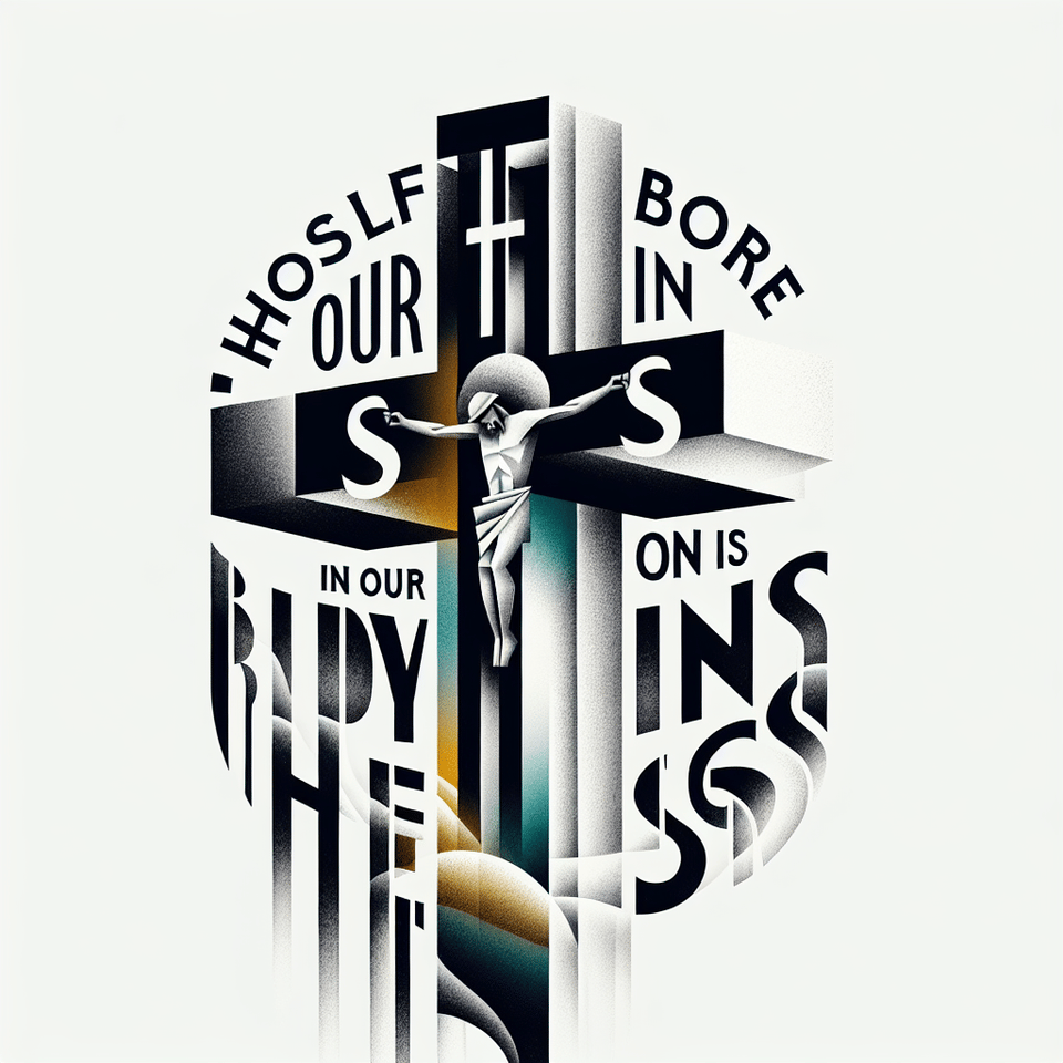 He himself bore our sins in his body on the cross (white background), typography, cinematic text effect image