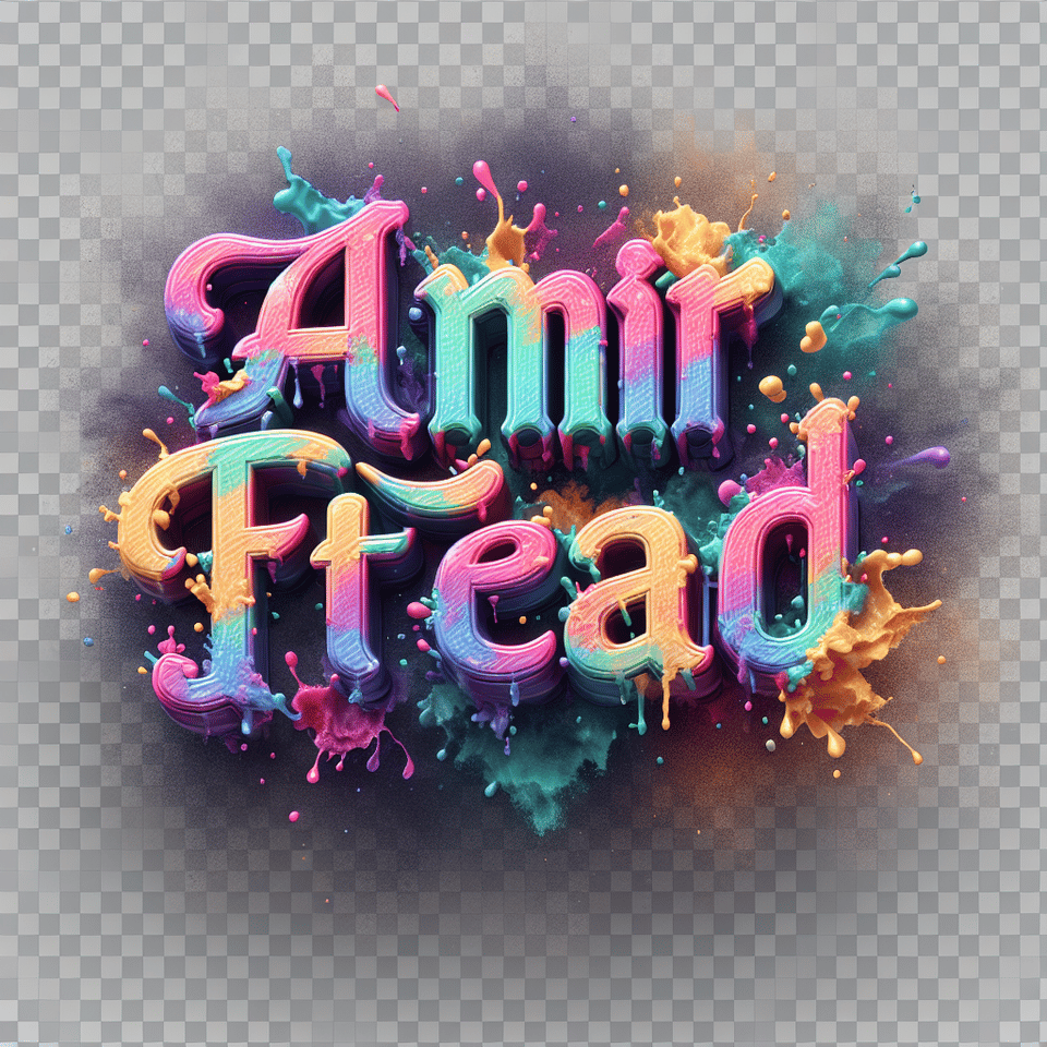 Text Amir Ettehad colorful splash 3d text and smoky transparent background, Realistic detailed view., illustration, typography, 3d render text effect image