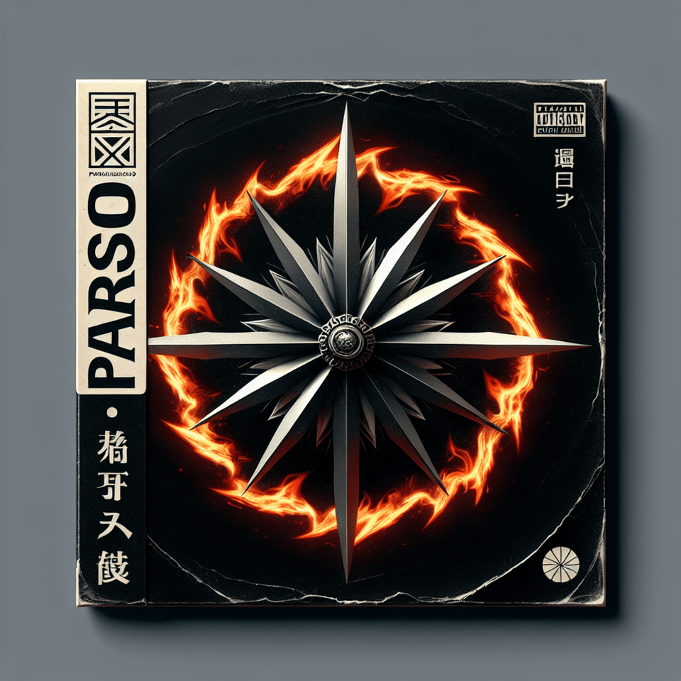 Text PARAÍSO EP, Ninja, Ninja star, sharp, elegance, Japan, Fire, Highly detailed text effect image