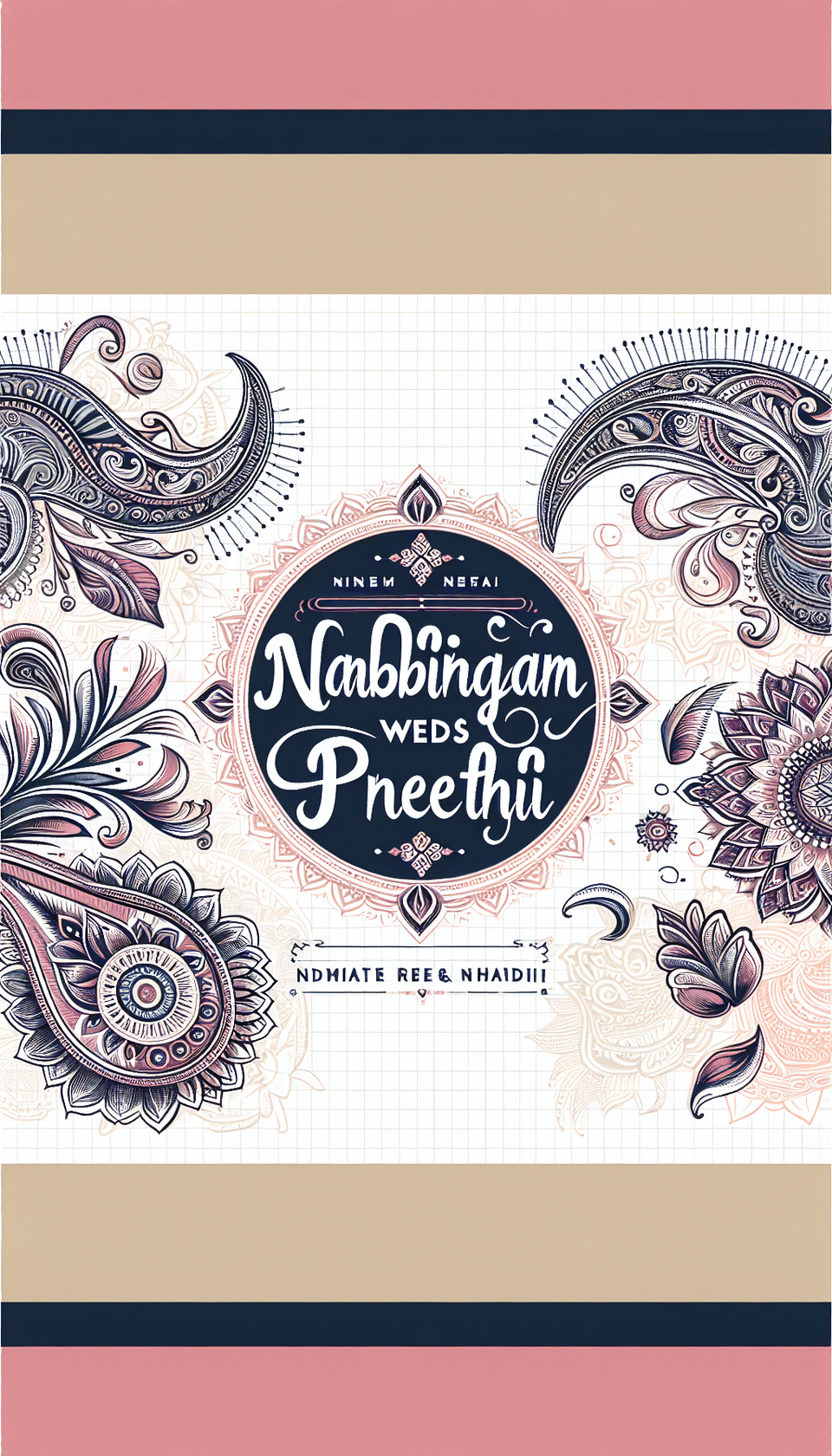 English Text Nambirajan weds Preethi with Indian ornamental elements around, lean design, transparent background text effect image