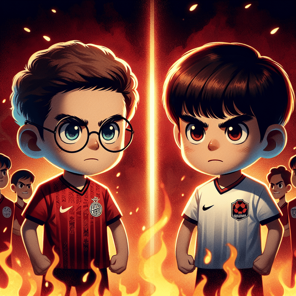 เด็กชายสองคนกำลังจ้องหน้ากันด้วยสายตาที่โกรธเกรี้ยว ทั้งคู่สวมเสื้อฟุตบอลสีแดงคนละทีม ,เด็กชายสวมแว่นตาใส่เสื้อmanchester united team สีแดงและเด็กชายหน้ากลม มีผมสีน้ำตาลเข้มใส่เสื้อliverpool team สีขาว,พื้นหลังเป็นเปลวเพลิงสีแดง แสงไฟส่องมาจากด้านหน้าของเด็กทั้งสองทำให้เห็นใบหน้าของเด็กทั้งสองอย่างชัดเจน , illustration text effect image
