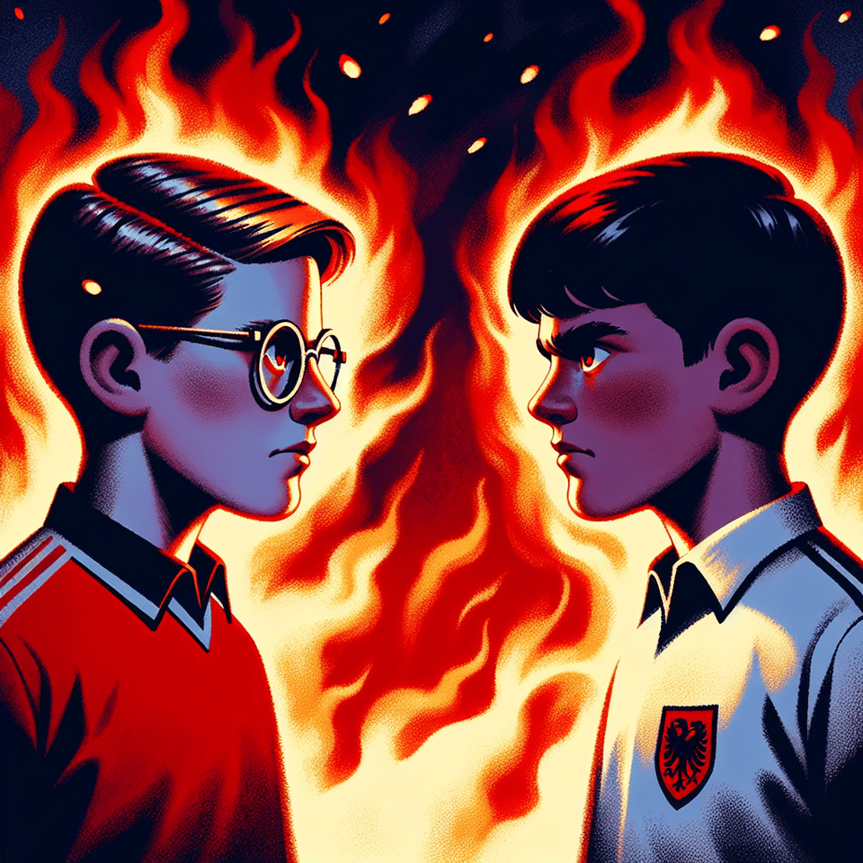 เด็กชายสวมแว่นตาใส่เสื้อmanchester united team สีแดงและเด็กชายหน้ากลม มีผมสีน้ำตาลเข้มใส่เสื้อliverpool team สีขาว,กำลังจ้องหน้ากันด้วยสายตาที่โกรธเกรี้ยว พื้นหลังเป็นเปลวเพลิงสีแดง แสงไฟส่องมาจากด้านหน้าของเด็กทั้งสองทำให้เห็นใบหน้าของเด็กทั้งสองอย่างชัดเจน , illustration text effect image