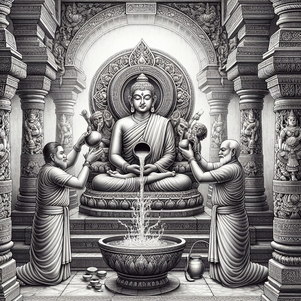 Three priests pour water on the statue of Mahavir inside the temple and anoint it text effect image