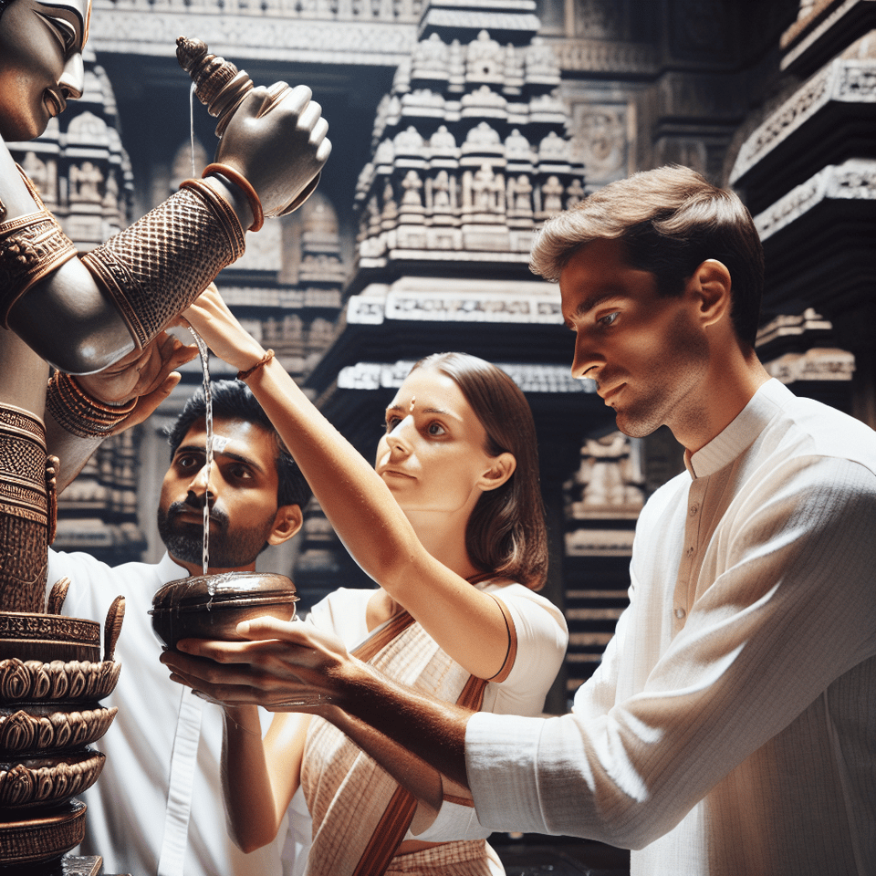 Three priests pour water on the statue of Mahavir inside the temple and anoint it text effect image