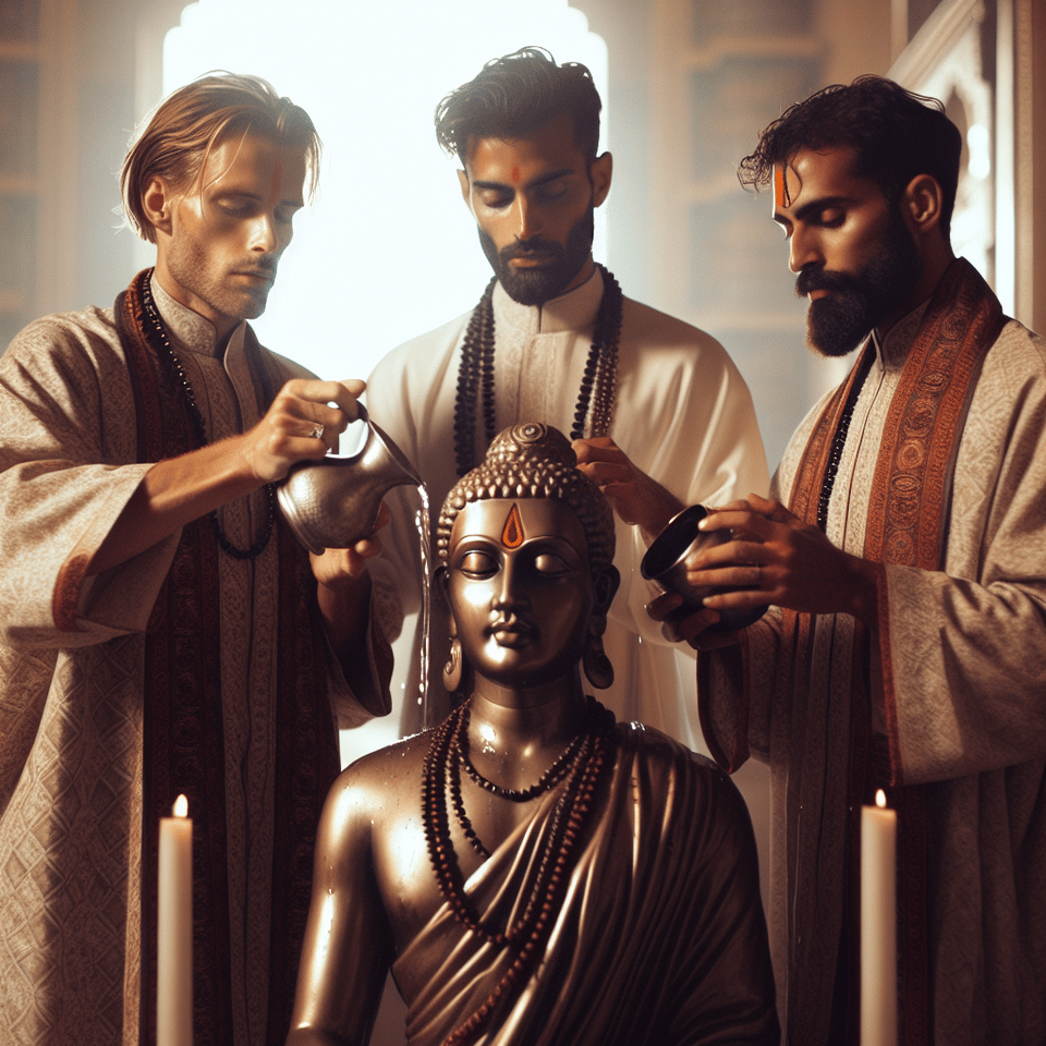 Three priests pour water on the statue of Mahavir inside the temple and anoint it text effect image