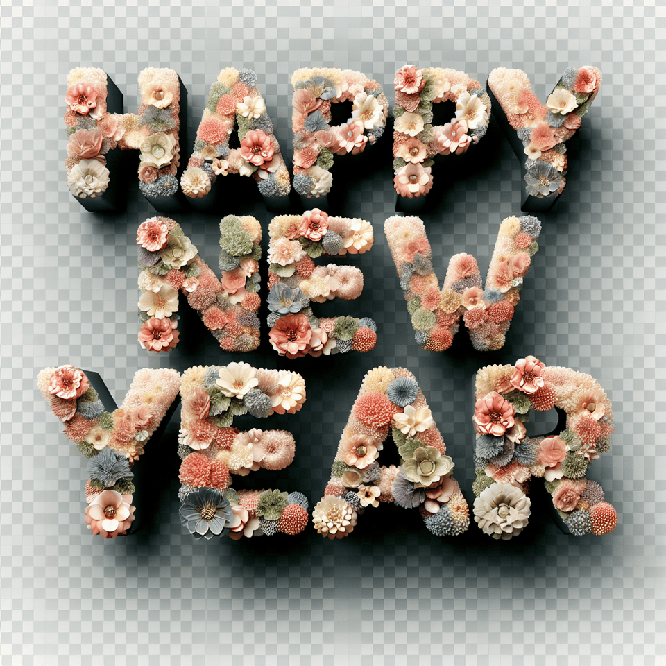 textHappy New Year three-dimensional, made of flower, gorgeous, with a light gradient transparent background. text effect image