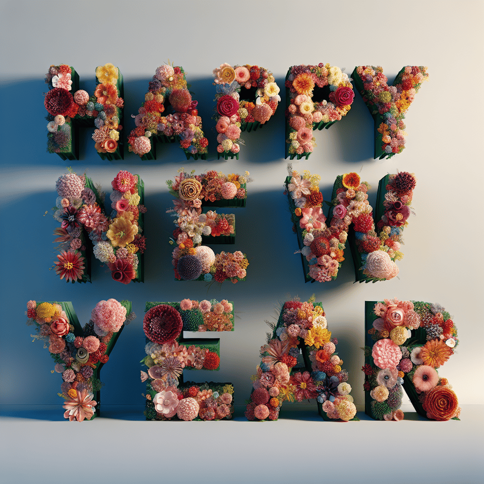 textHappy New Year three-dimensional, made of flower, gorgeous, with a light gradient transparent background. text effect image