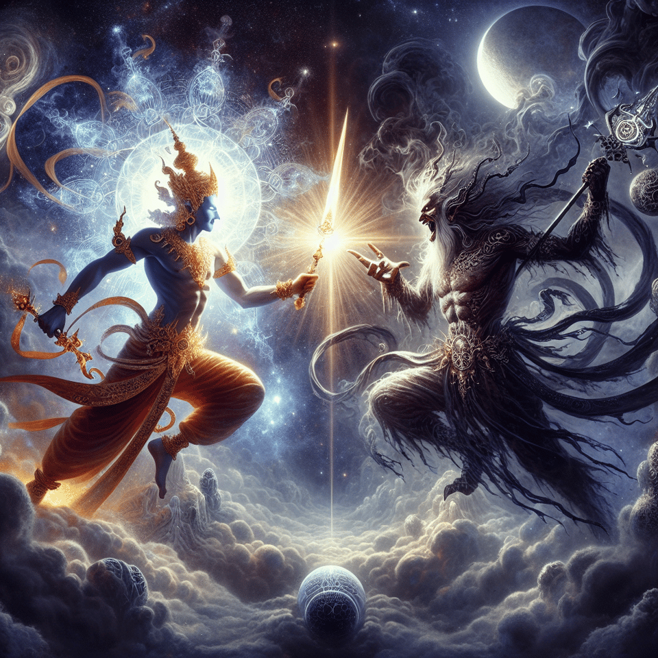 war between god and demon with wepons and intersting situation text effect image