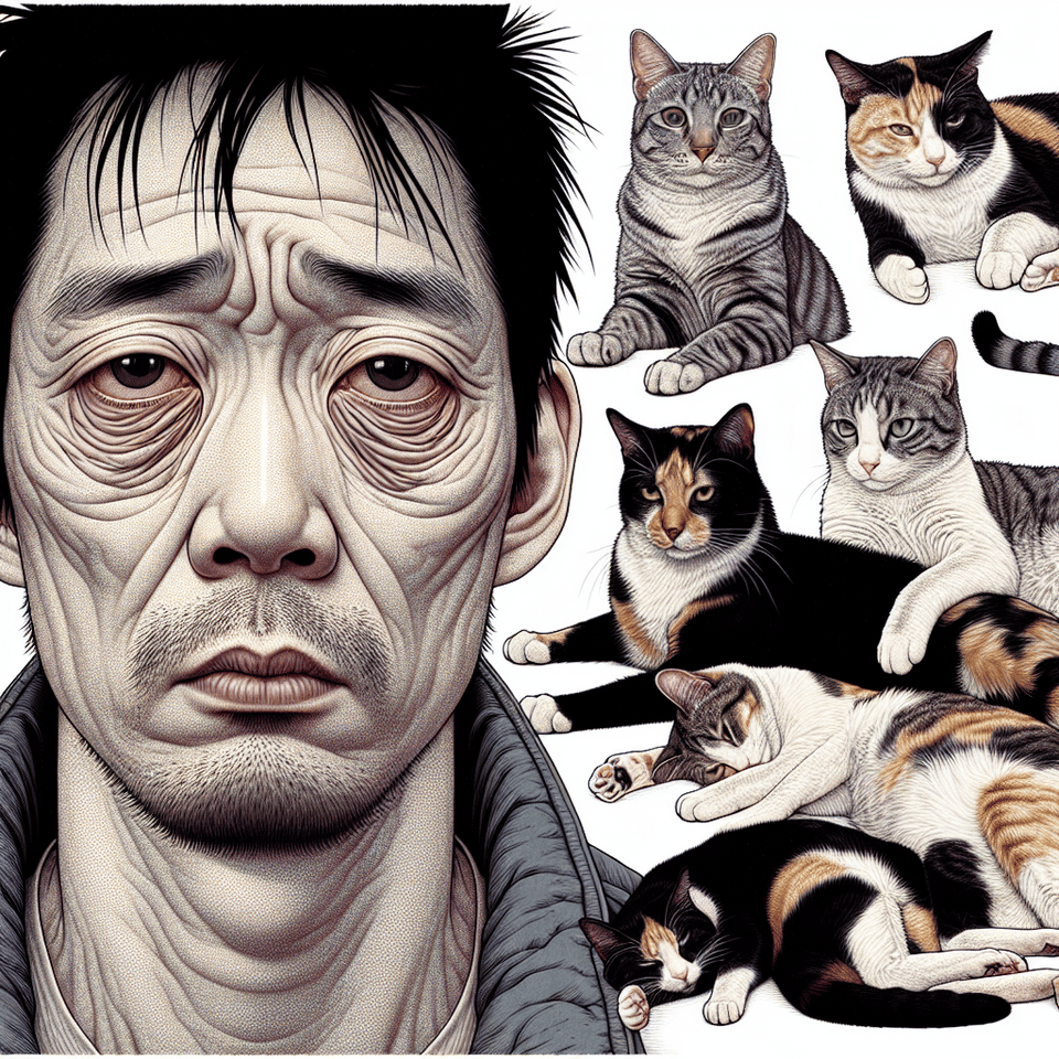 I Work Hard So My Cat Can Have a Better Life with a tired-looking person surrounded by lounging cats. text effect image
