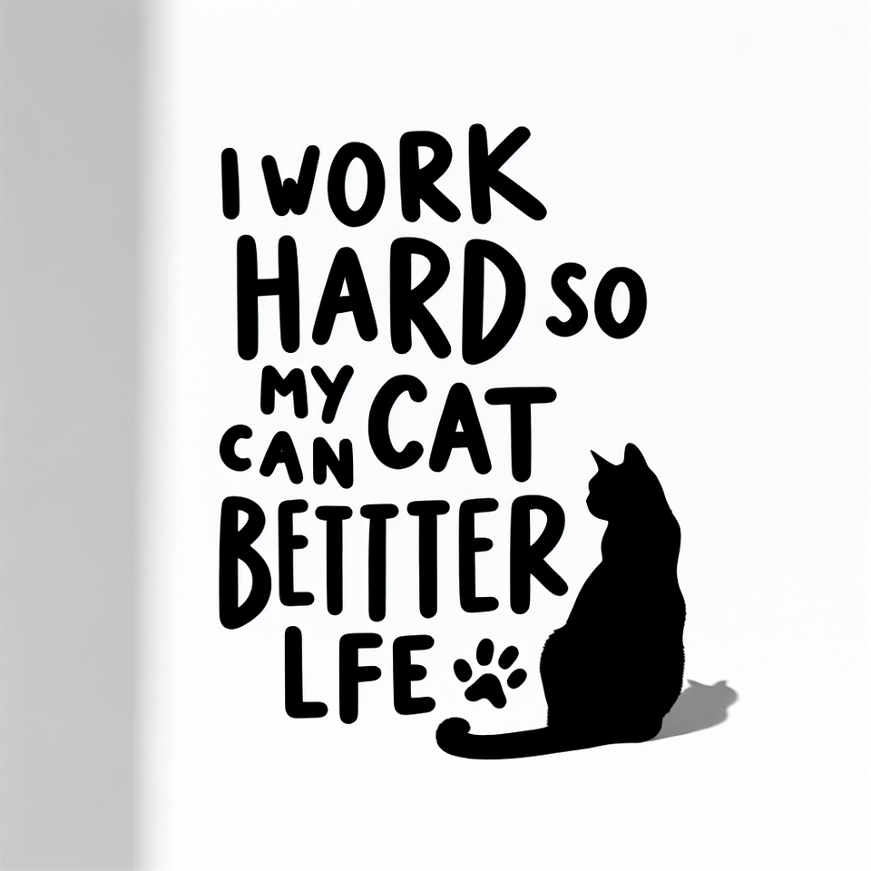 text handwritten as I Work Hard So My Cat Can Have a Better Life black and white minimalistic way with a cat shadow text effect image