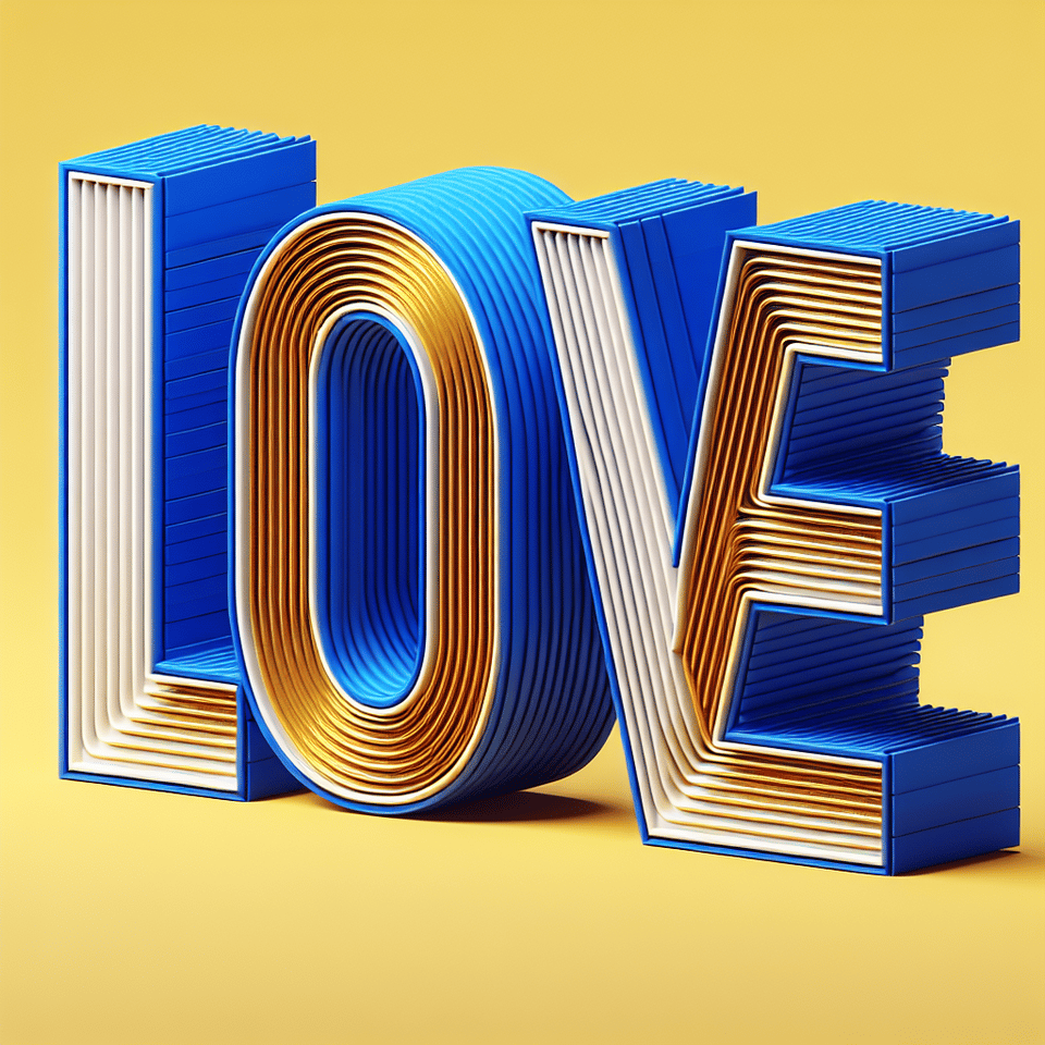 3D rendering of love text with huge bright font in cobalt blue and white with etched gold lines on each letter. text effect image