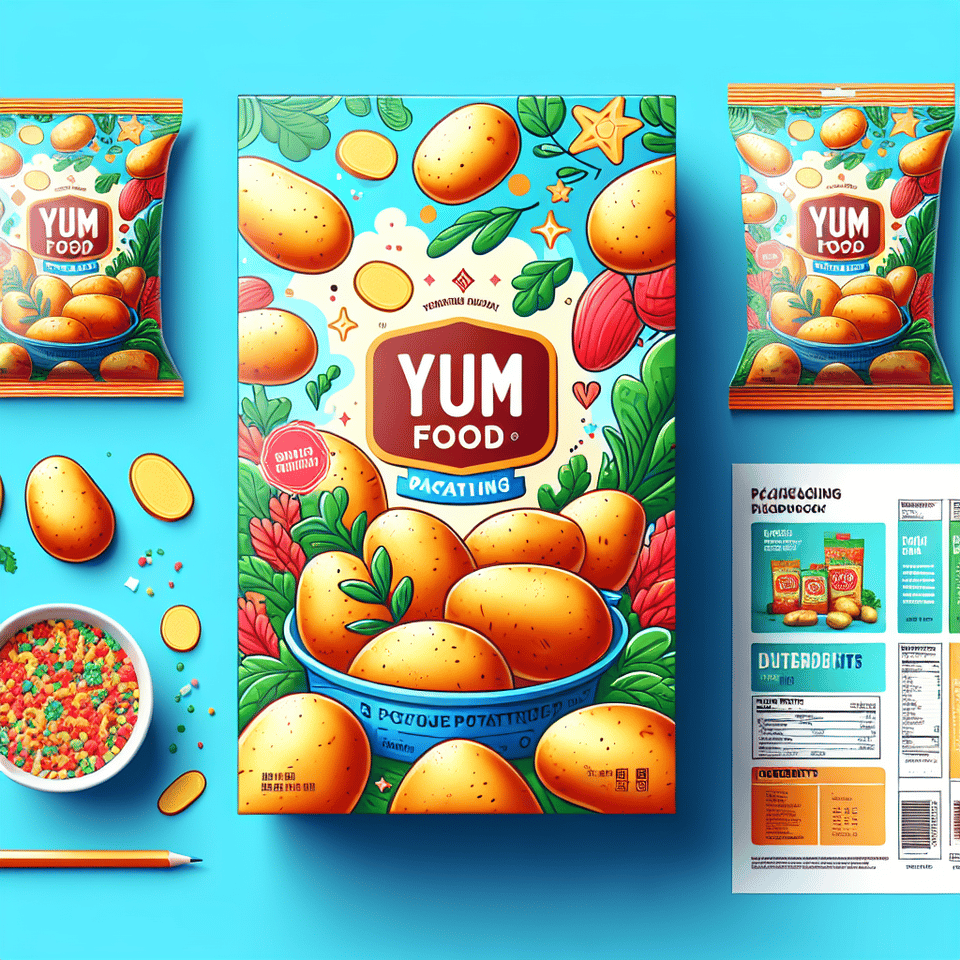 create a packaging design mockup for the Potato Brand Yum Food text effect image