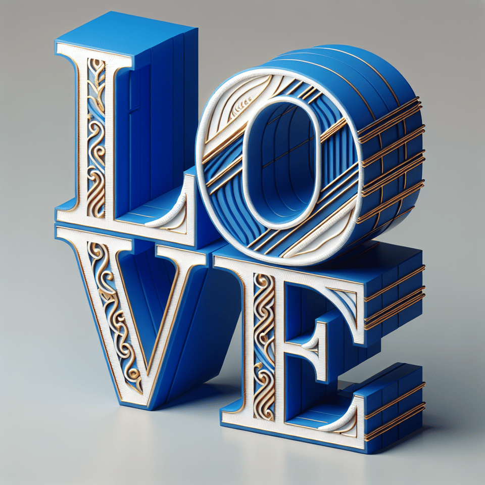 3D rendering of love text with huge bright font in cobalt blue and white with etched gold lines on each letter. text effect image