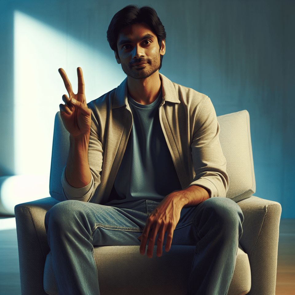 man showing two fingers on chair text effect image