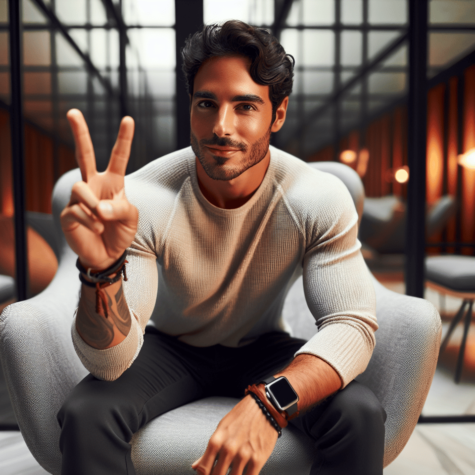Trendy man showing two fingers on chair text effect image