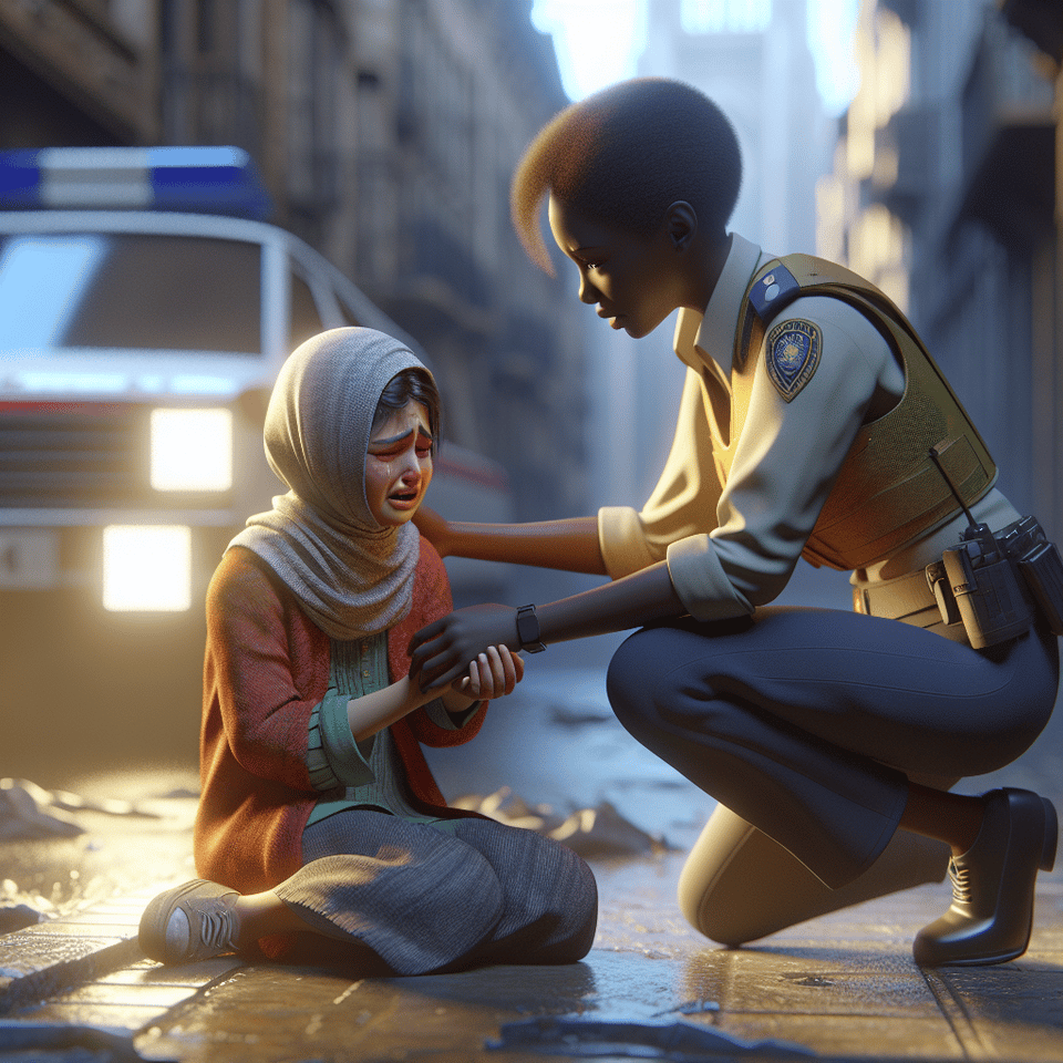 A little girl who is missing is crying on the side of the street and the kind police found her, 3d render, cinematic text effect image