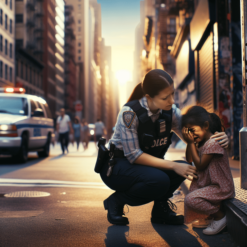 A little girl who is missing is crying on the side of the street and the kind police found her, illustration text effect image