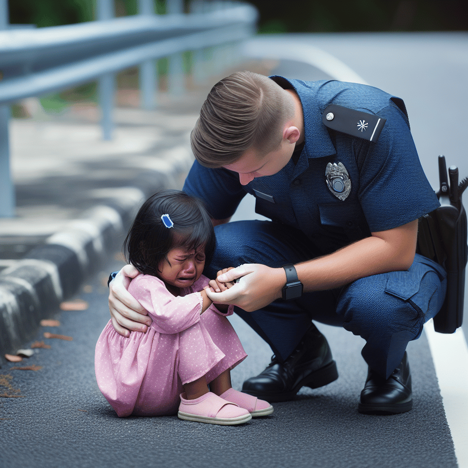 A little girl who is missing is crying on the side of the street and the kind police found her text effect image