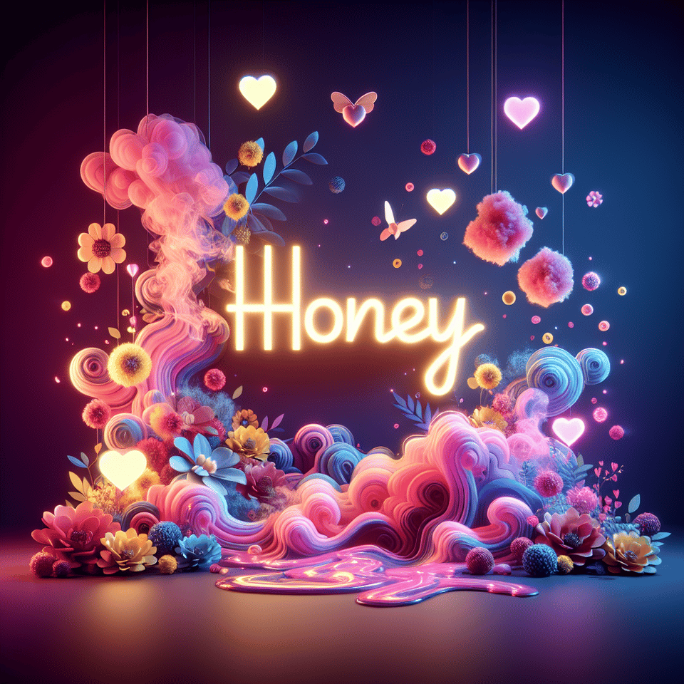 Name Honey written on the background, small colorful touches of 3D paint and with colorful flowers and pink and purple smoke included. Everything in front with hearts in neon, 3D rendering, 3k, 3d render, cinematic, illustration, typography text effect image