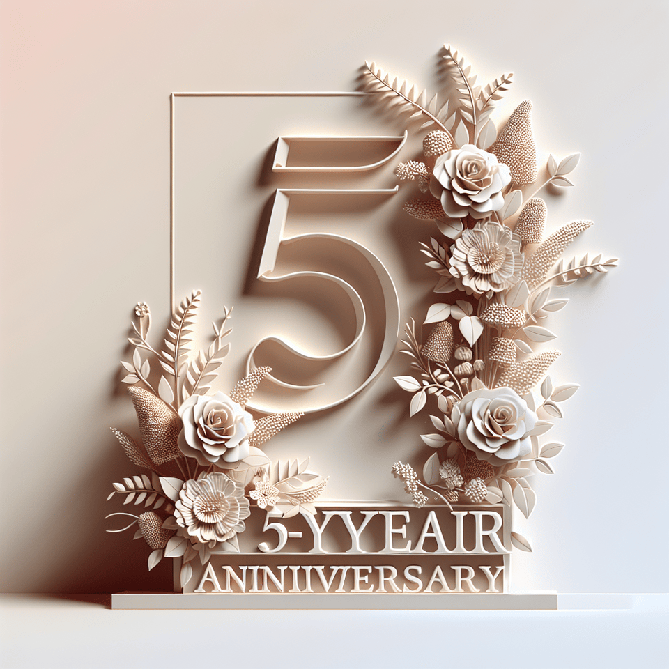 text5 year marriage anniversary three-dimensional, made of flower, gorgeous, with a light gradient background. text effect image