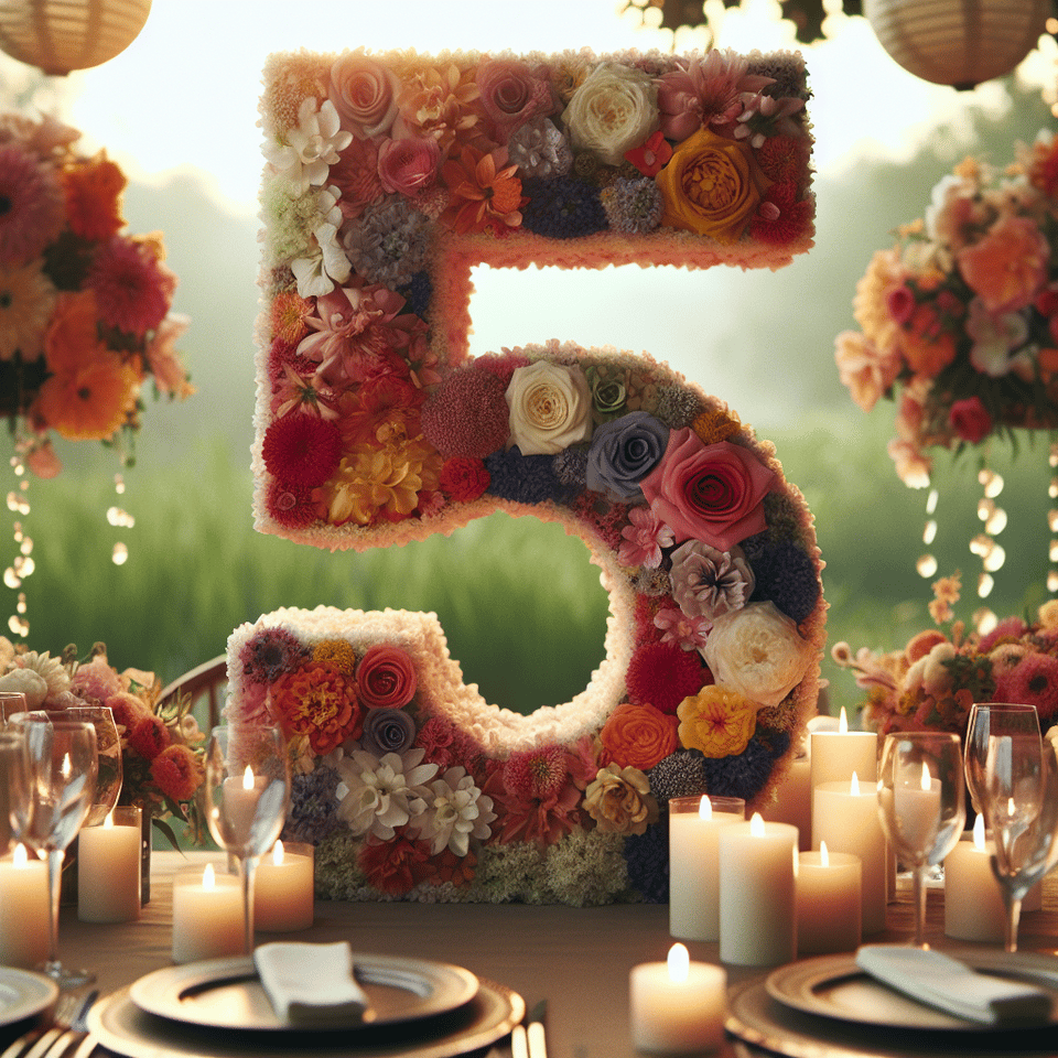 text5 year marriage anniversary three-dimensional, made of flower text effect image