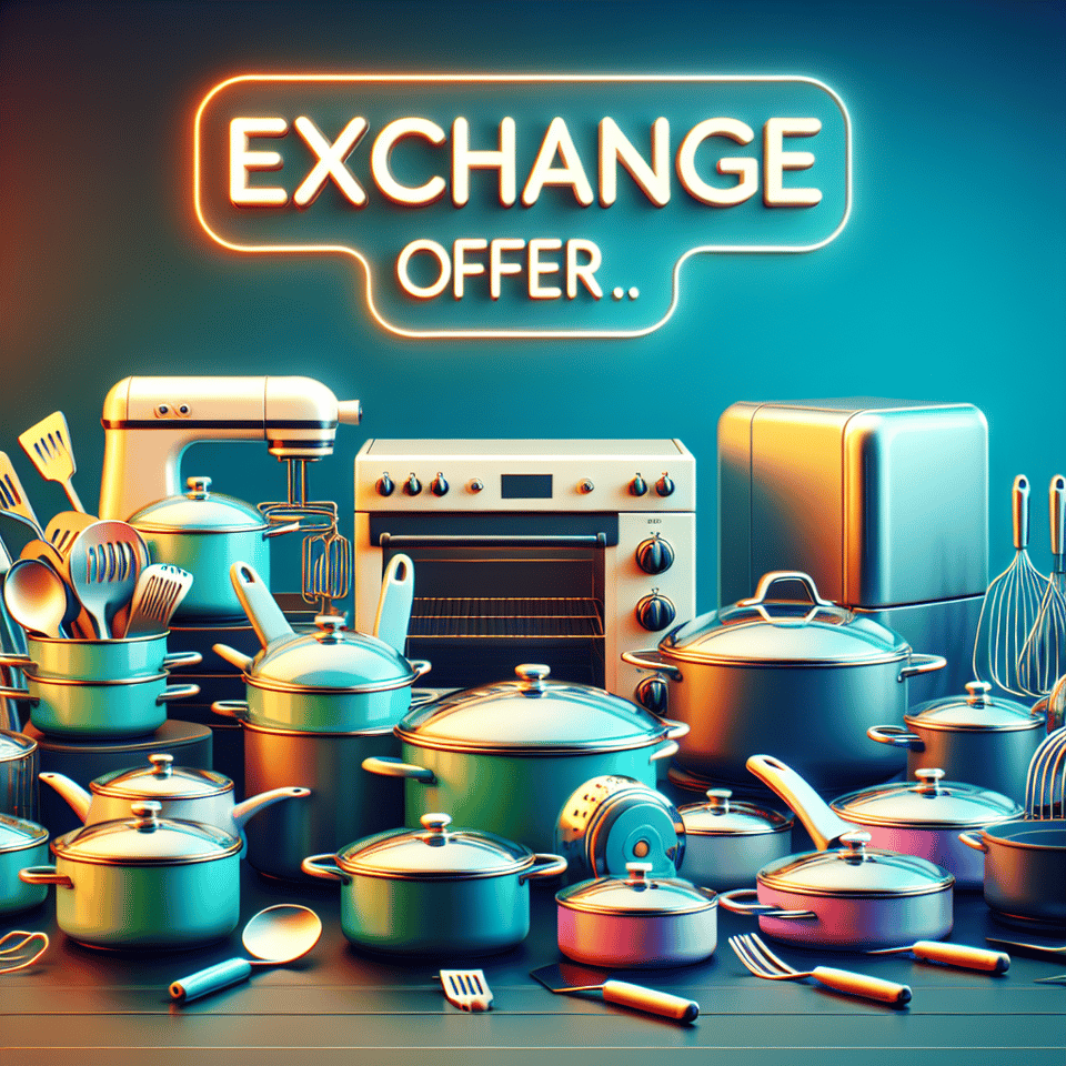 Kitchen item Exchange offer by prestige, illustration, 3d render text effect image