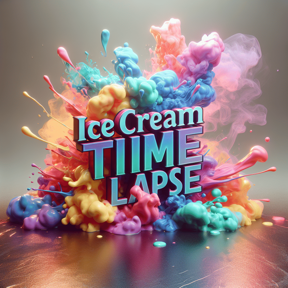 Text ICE CREAM TIME LAPSE colorful splash 3d text and smoky transparent background, Realistic detailed view. text effect image