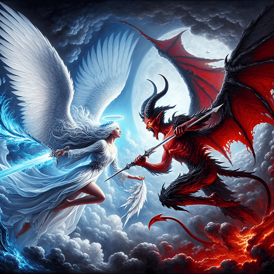 ANGEL IN BLUE AND WHITE FIGHTINNG A DEMON IN RED AND BLACK text effect image