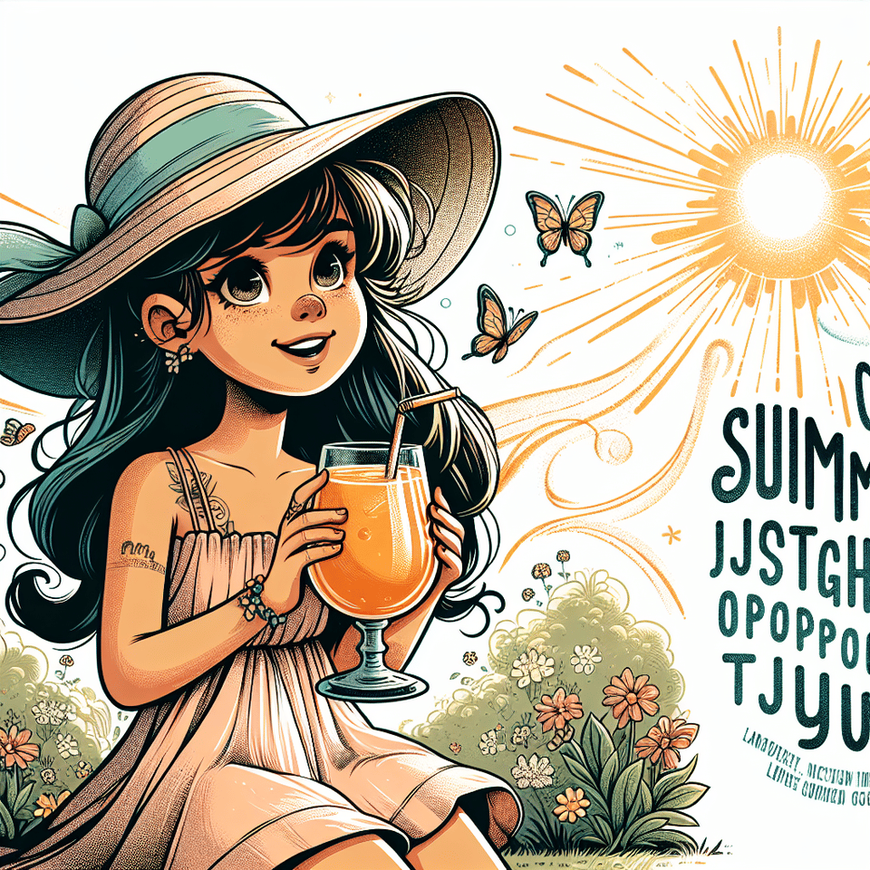 Little girl drinking juice in summer day., illustration, typography text effect image