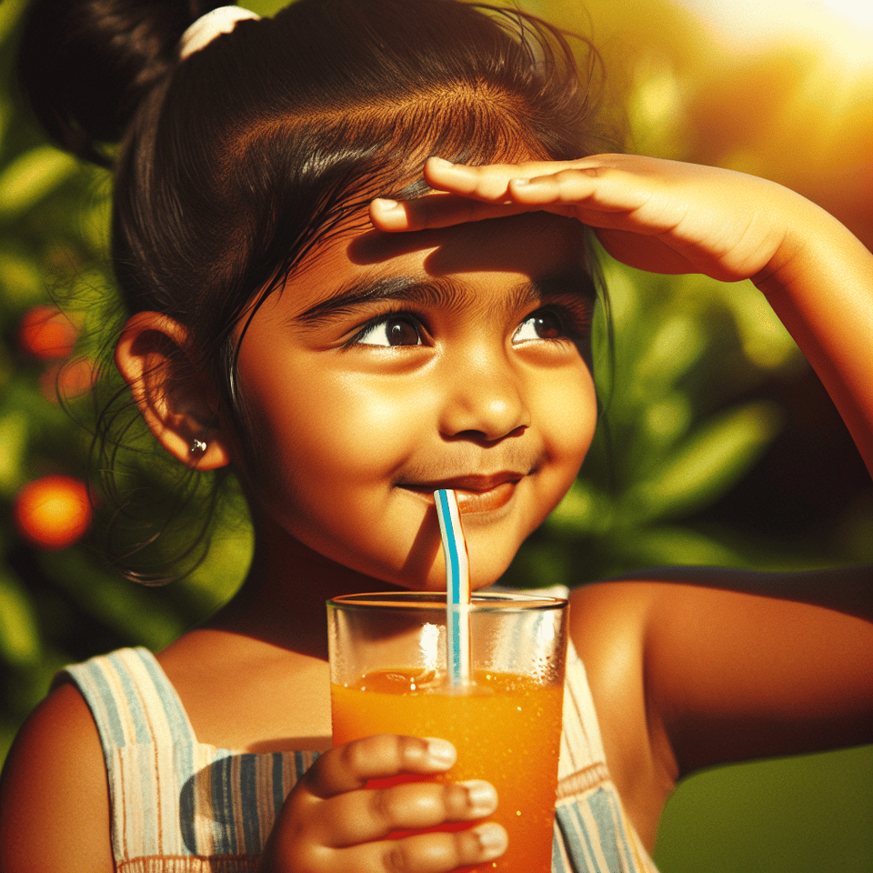 Little girl drinking juice in summer day., poster text effect image