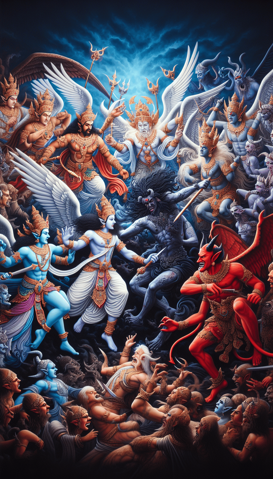 team of angels comprising of hindu gods and biblical angels wearing blue and white fighting team of ravana and devil weaaring red and black text effect image