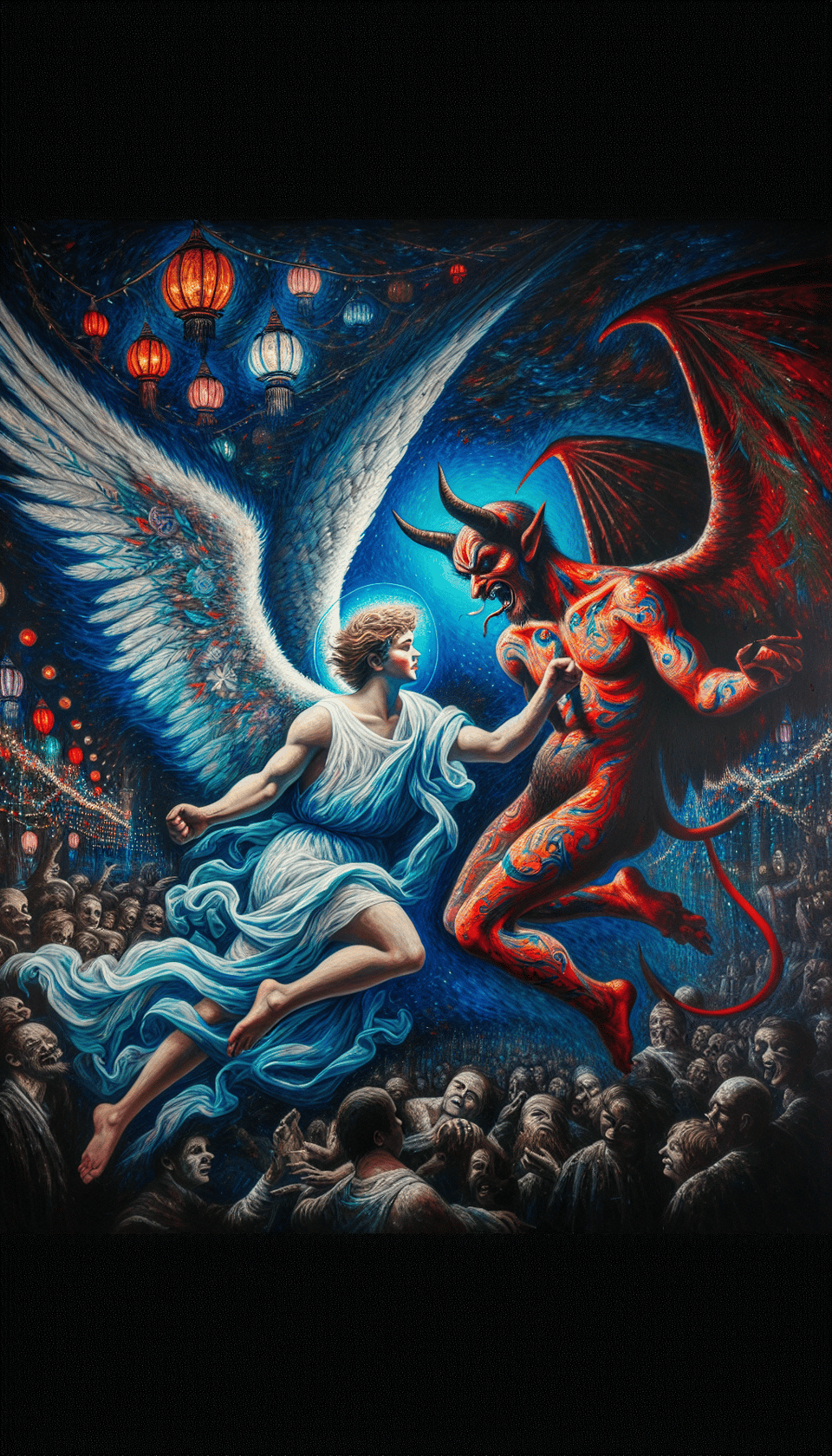 male angel in blue and white fighting a demon in red and black against a dark party theme text effect image