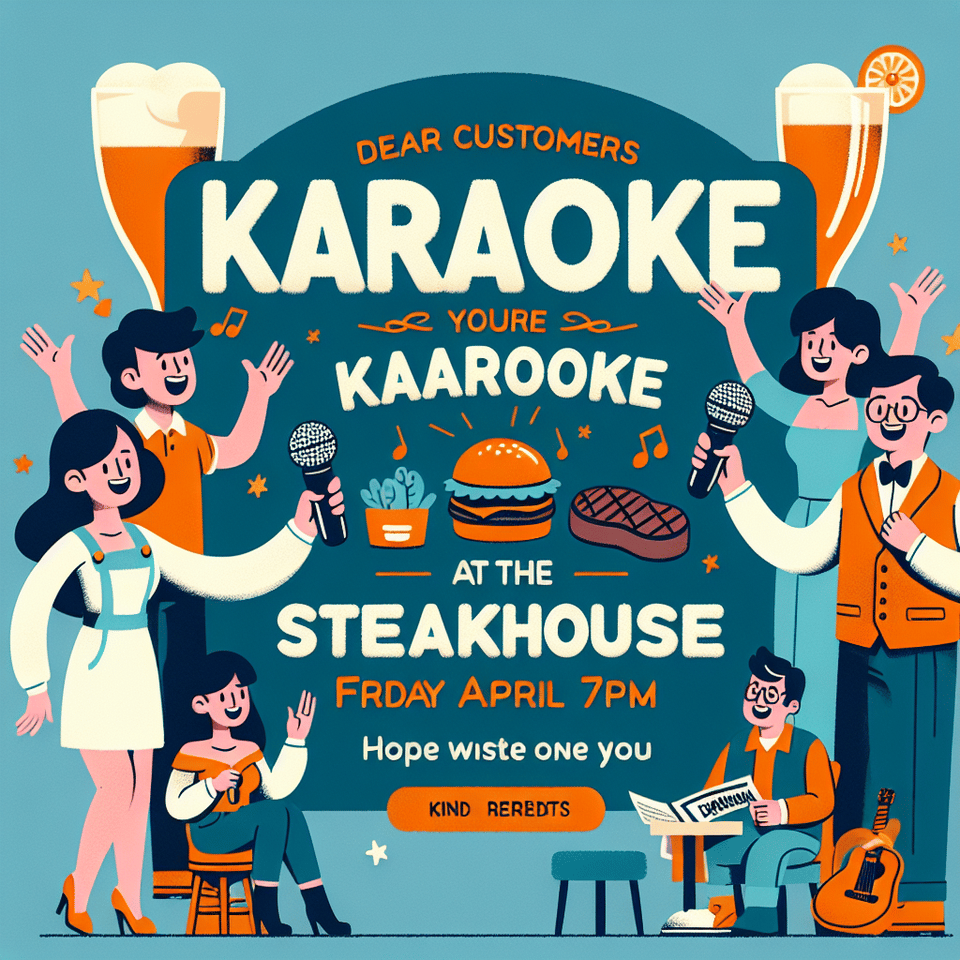 Chers clients, Nous avons le plaisir de vous inviter à notre soirée karaoké et Steakhouse qui se tiendra au Majestik ce Vendredi 26 avril à partir de 19h. Venez profiter d'une ambiance conviviale et d'un menu délicieux dans notre établissement. Nous espérons vous voir nombreux pour passer un agréable moment en notre compagnie. Bien cordialement, L'équipe du Majestik text effect image