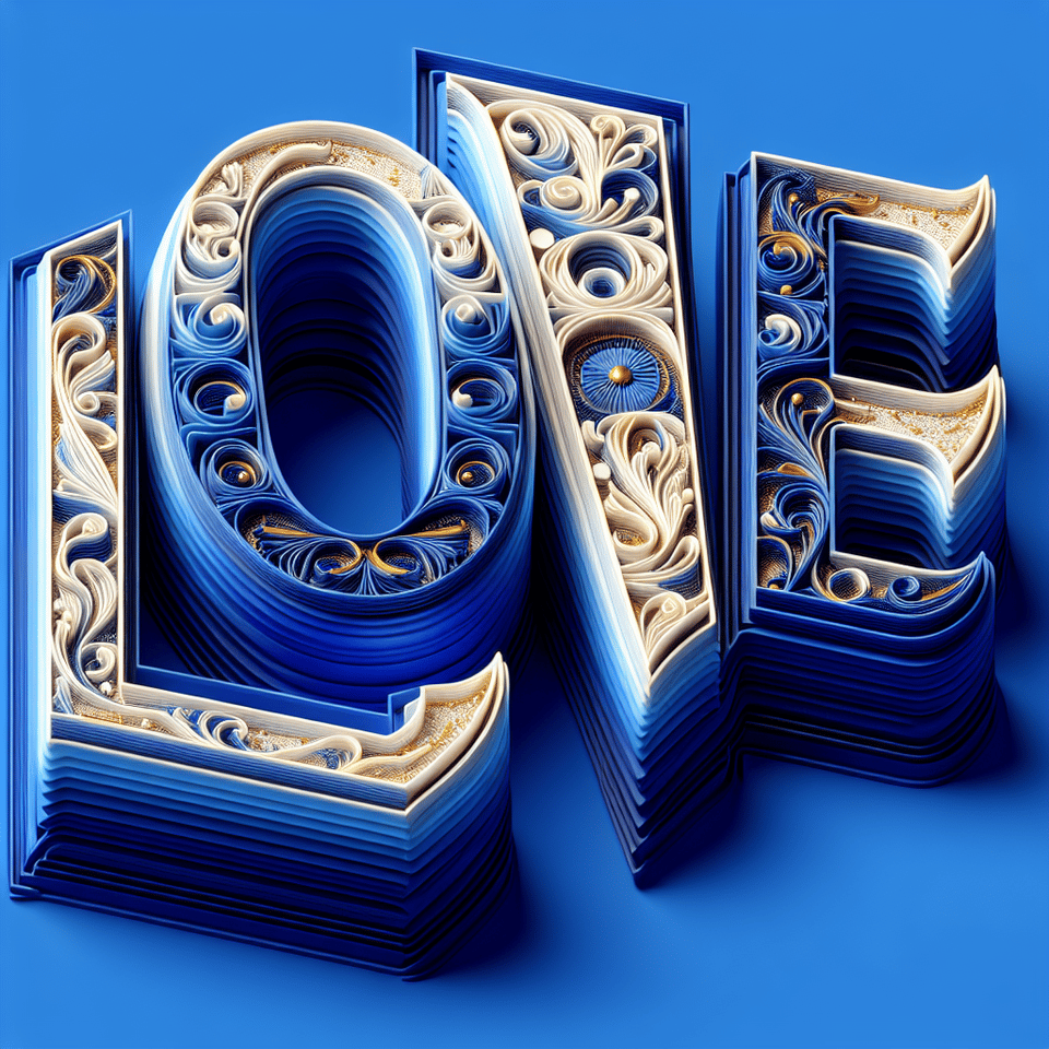 3D rendering of love text with huge bright font in cobalt blue and white with etched gold lines on each letter. text effect image