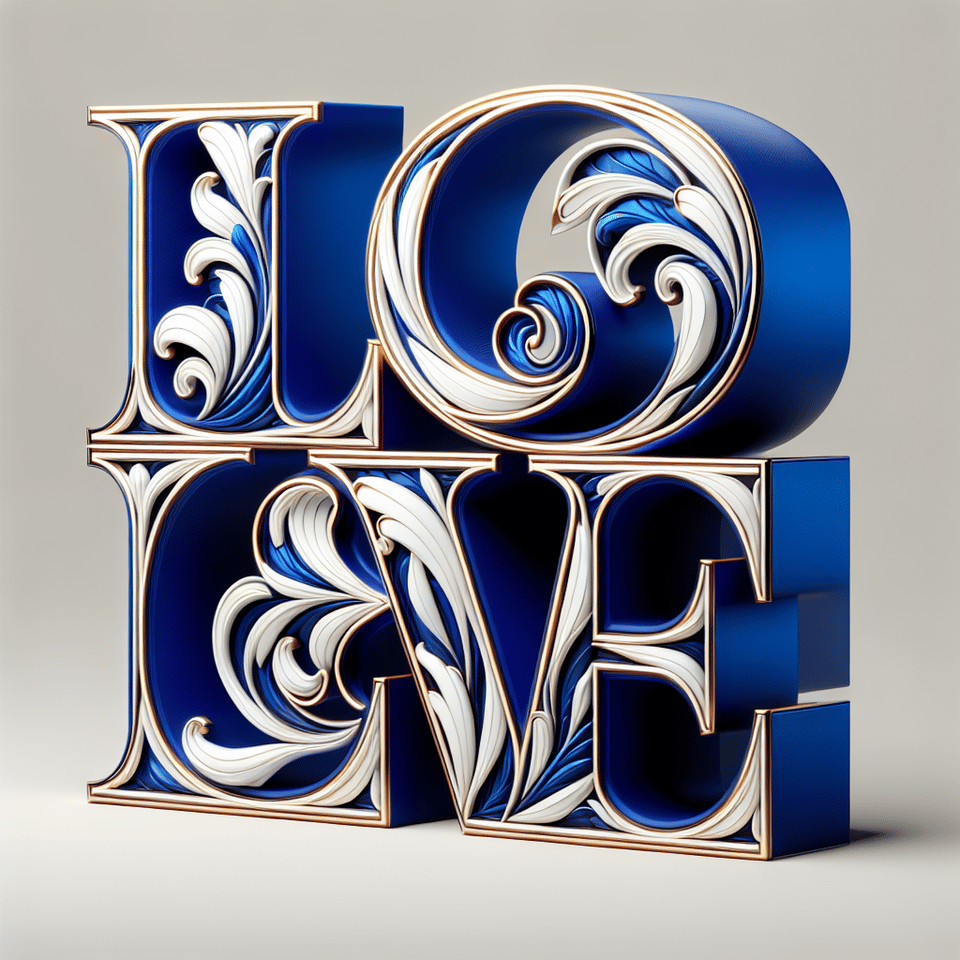 3D rendering of love text with huge bright font in cobalt blue and white with etched gold lines on each letter. text effect image
