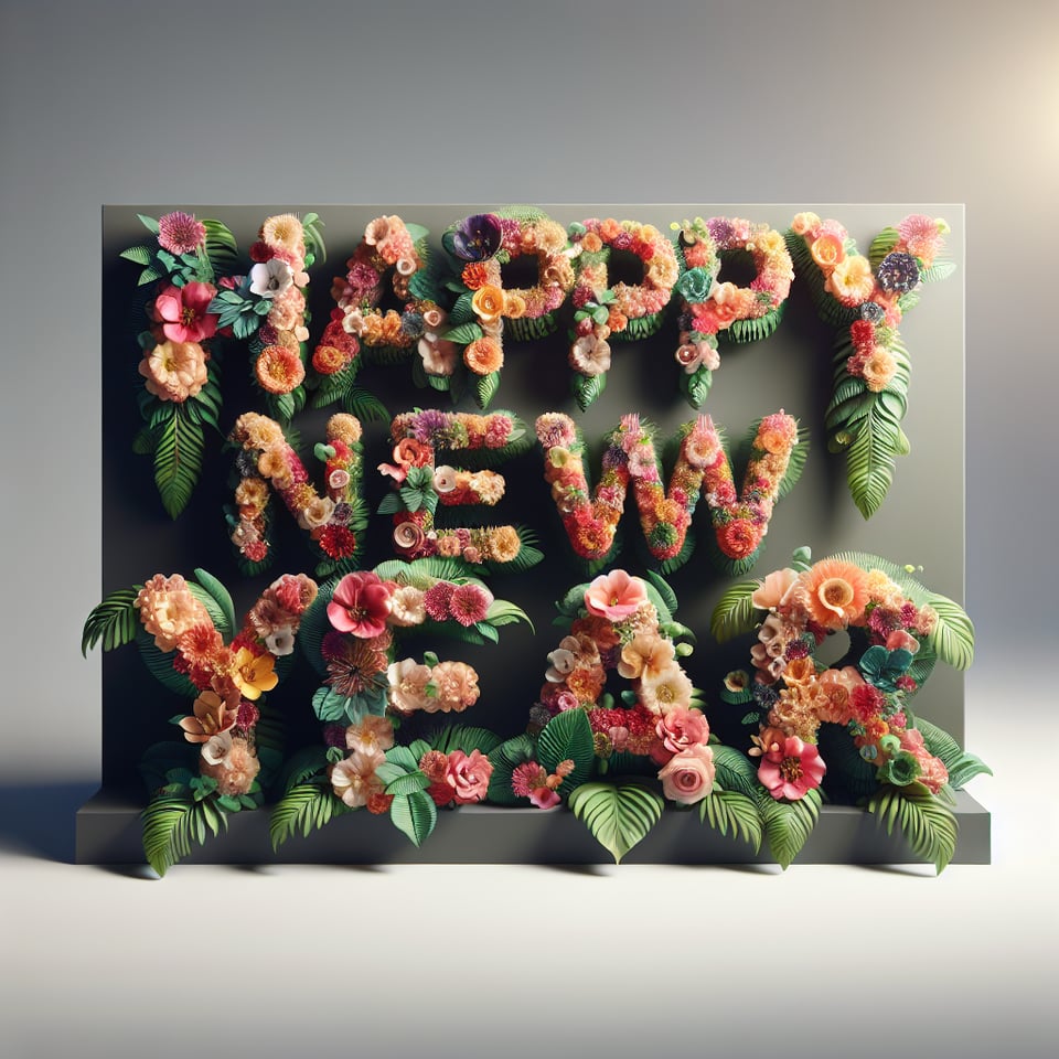 textHappy New Year three-dimensional, made of flower, gorgeous, with a light gradient background. text effect image