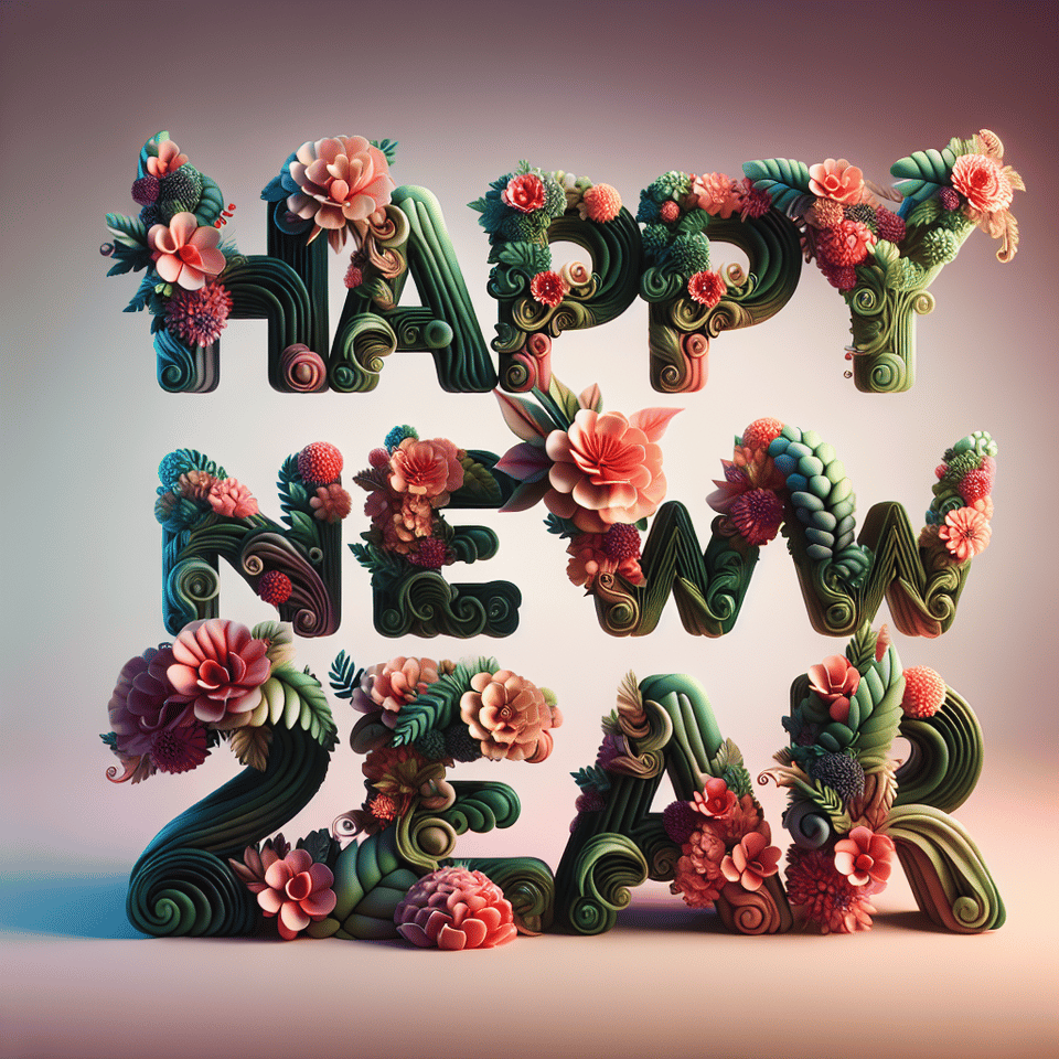 textHappy New Year three-dimensional, made of flower, gorgeous, with a light gradient background. text effect image