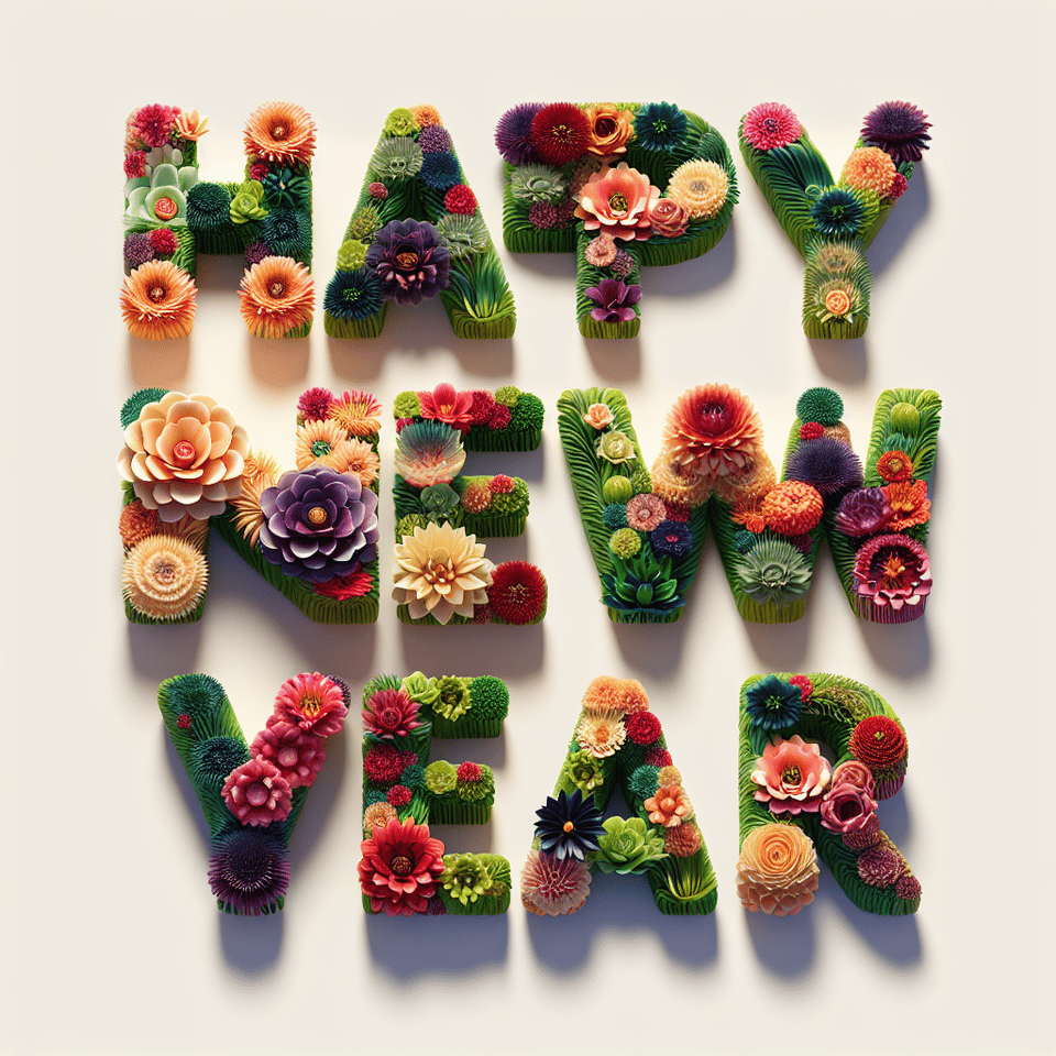 textHappy New Year three-dimensional, made of flower, gorgeous, with a light gradient background. text effect image