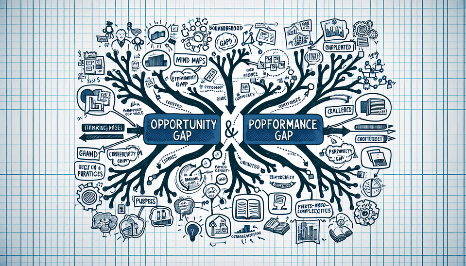 To create a visible thinking representation of opportunity and performance gaps in a school setting, you can utilize the concept of Visible Thinking by integrating various thinking routines and visual tools. Here is an example of how you can approach this:,,Central Concept:,,Start with a central concept representing Opportunity and Performance Gaps in School.,Critical Data Sources:,,Place Performance Gap and Opportunity Gap on opposite sides branching out from the central concept.,Connect them to emphasize the relationship between the two aspects.,Visual Tools:,,Use Mind Maps to brainstorm key factors contributing to each type of gap.,Employ Concept Maps to visually organize and connect factors influencing performance and opportunity gaps.,Thinking Routines:,,Utilize Thinking Routines like Connect-Extend-Challenge to delve deeper into the causes and effects of these gaps.,Apply Parts-Purposes-Complexities routine to analyze the elements influencing performance and opportunity disparities.,Synthesizing Ideas:,,Synthesize the information gathered through the visual representation and thinking routines to identify strategies for addressing these gaps effectively.,By incorporating these elements into a visual representation using diagrams like Mind Maps and Concept Maps, along with engaging in relevant thinking routines, educators can gain a comprehensive understanding of opportunity and performance gaps at their school and develop targeted interventions to bridge these gaps effectively. text effect image