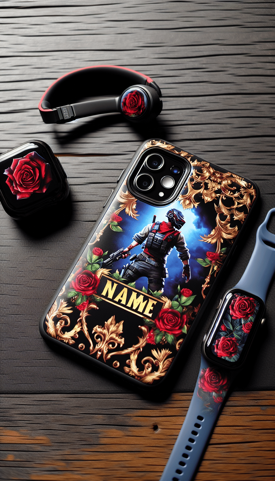 a mobile placed on the table, there is a picture of a 'PUBG' on the mobile cover, the name 'Name' is written in 3D on a picture, the mobile cover is decorated with red rose, gold and rose, red colour airpods and a blue colour smart watch are placed on the side. text effect image